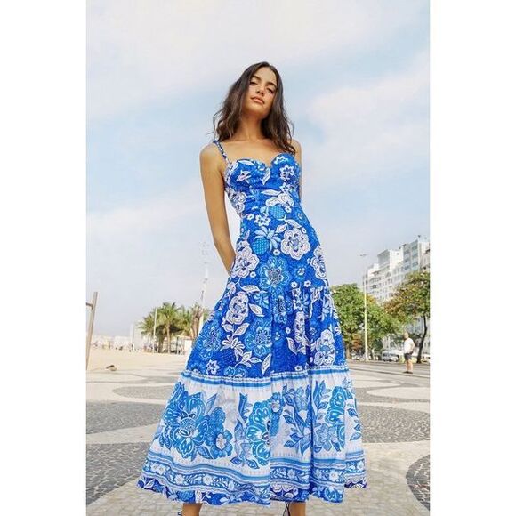 FARM Rio Dresses & Skirts - Farm Rio Womens Full Of Flowers Sweetheart Neck Tiered Midi Dress Blue Small